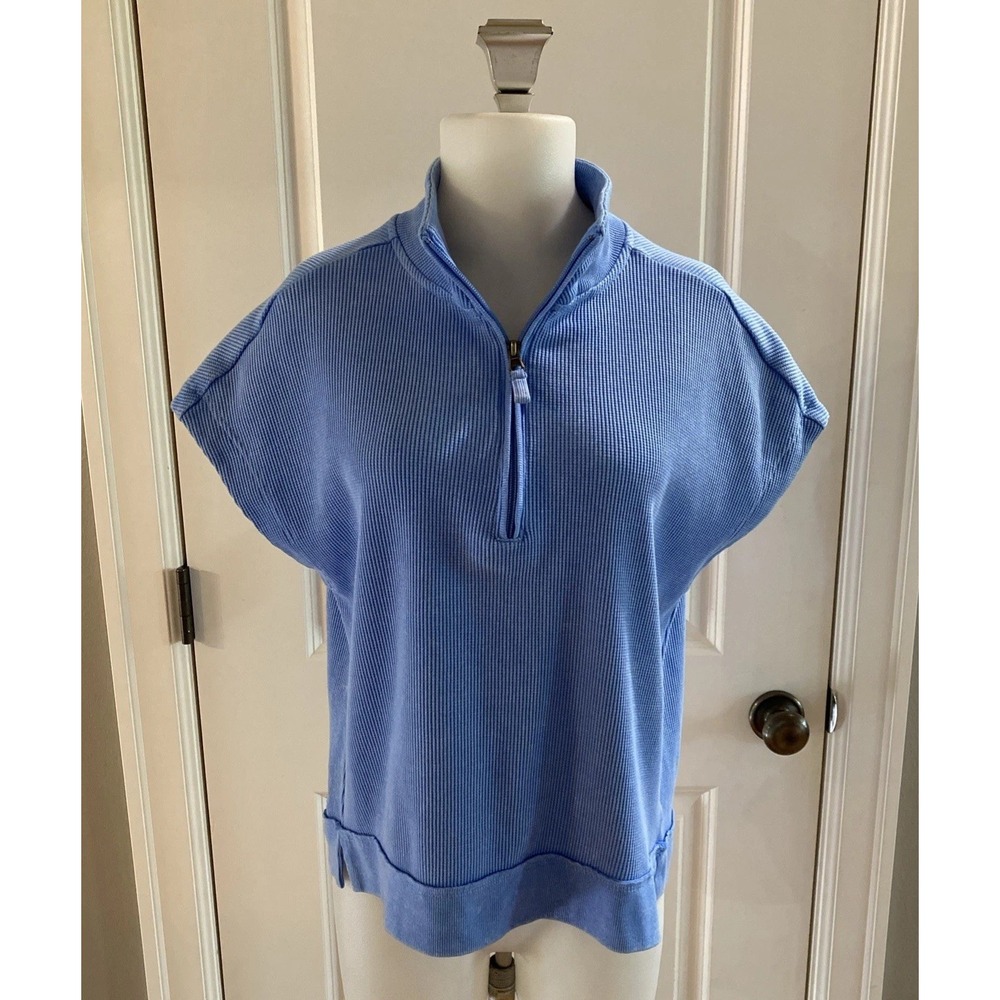 Sunnyside by Sundry 1/4 Zip Pullover Top Short Sleeve Size M Blue Waffle